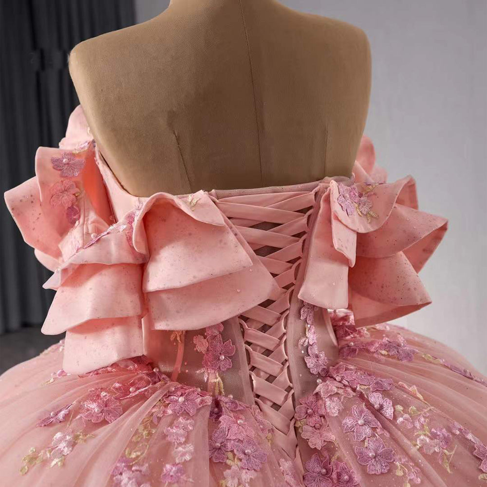 TW200 Vestidos 15 Quinceañera Lace Flower Off the Shoulder Lace Up Back Pink Ball Gown Long Formal Dress