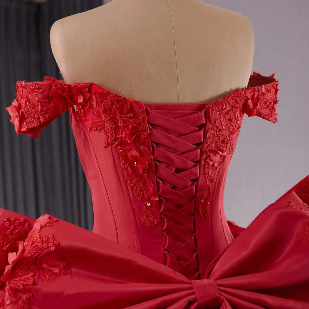 TW191 Vestidos Para Quinceañeras Luxury Off Shoulder Strapless Lace Up Back Red Flower Bow Long Dress For Special Occasions