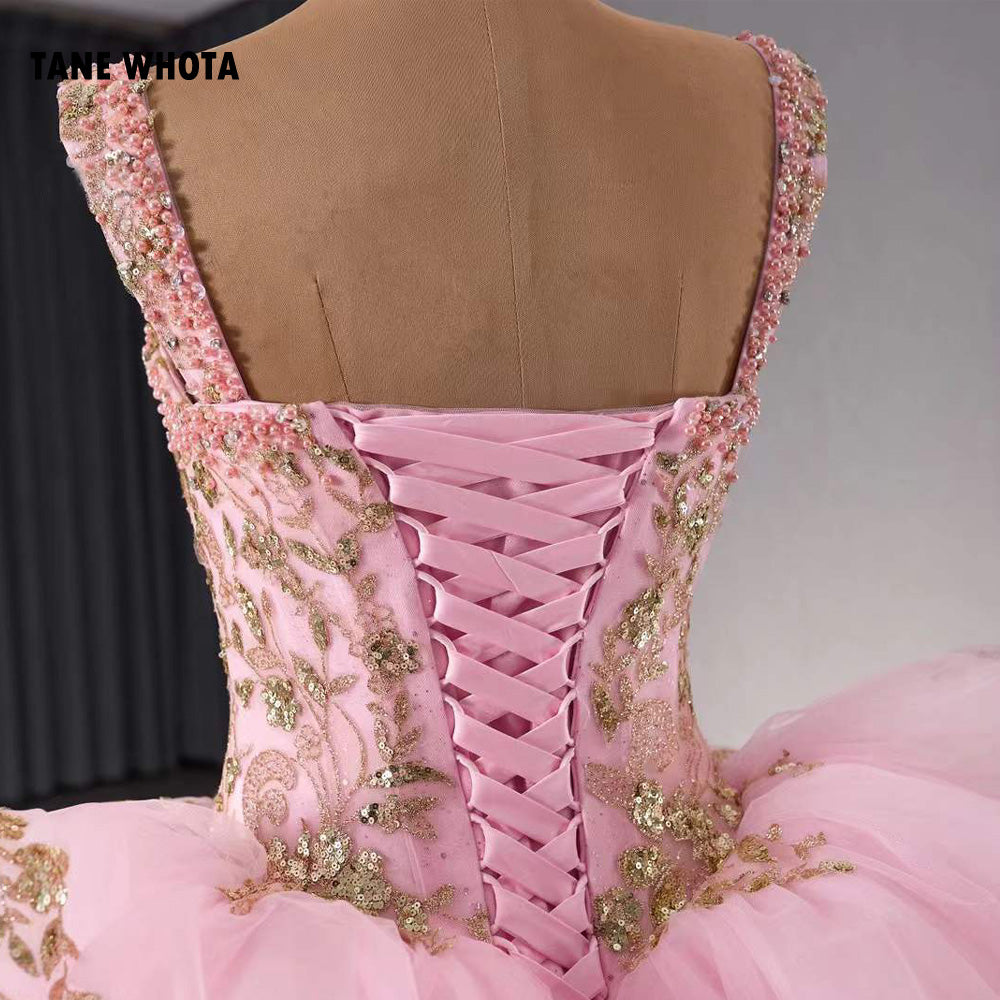 TW202 Vestidos De Quinceañeras Spaghetti Strapless Lace Up Back Sequined Beading Embroidery Pink Long Dress For Special Occasions