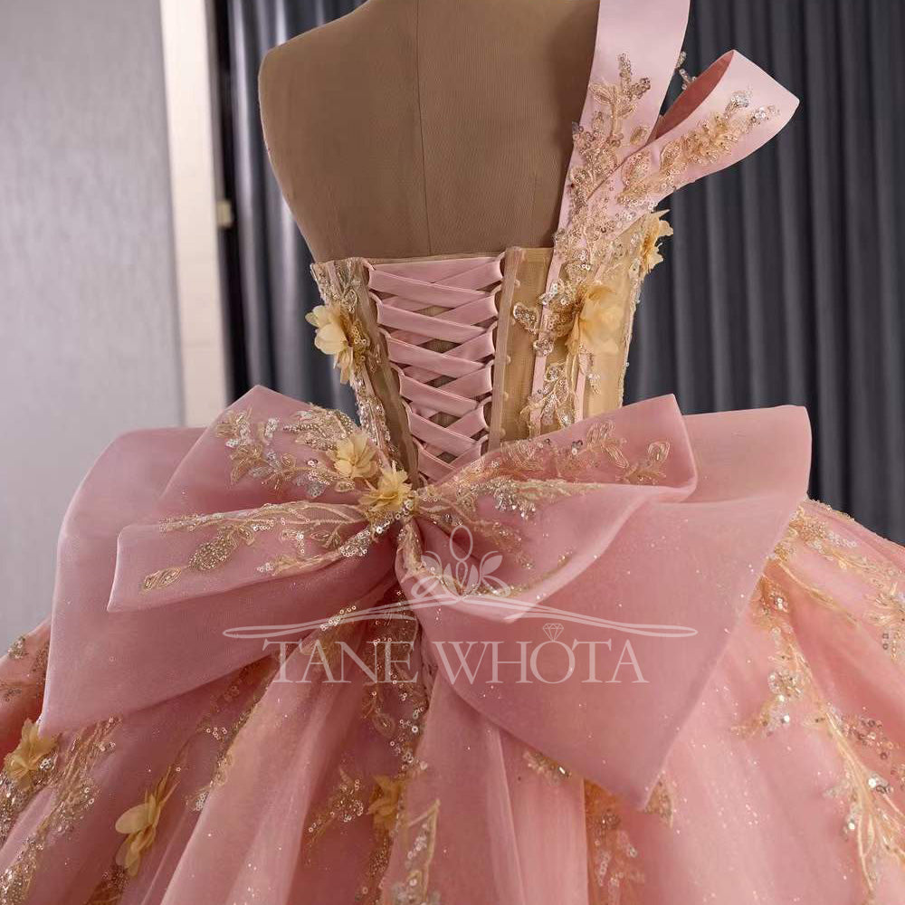 TW294 Vestido Quinceañera 2025 Luxury One Shoulder Sequins Lace Pink Ball Gown Flower Quinceanera Dress