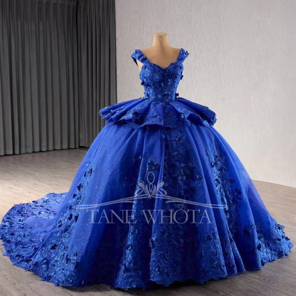 TW292 Vestido Quinceañera Princesa Sweetheart Cap Sleeve Lace Up Back Appliques Embroidery Customized Blue Luxury Long Dress