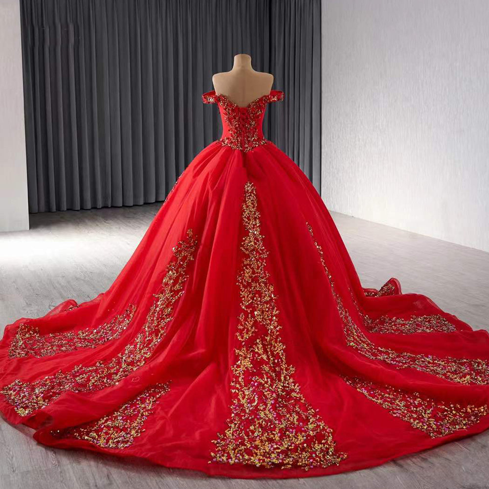 TW199 Vestidos Para 15 Quinceanera Off Shoulder Sweetheart Lace Up Back Sequined Red Customized Long Dress For Special Occasions