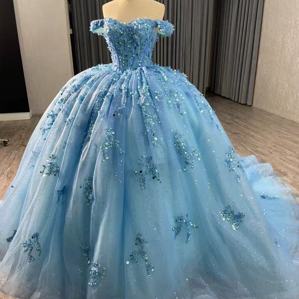 TW126 Vestidos De 15 Off Shoulder Sweetheart Appliques Flower Lace Up Back Blue Luxury Long Dress For Special Occasions
