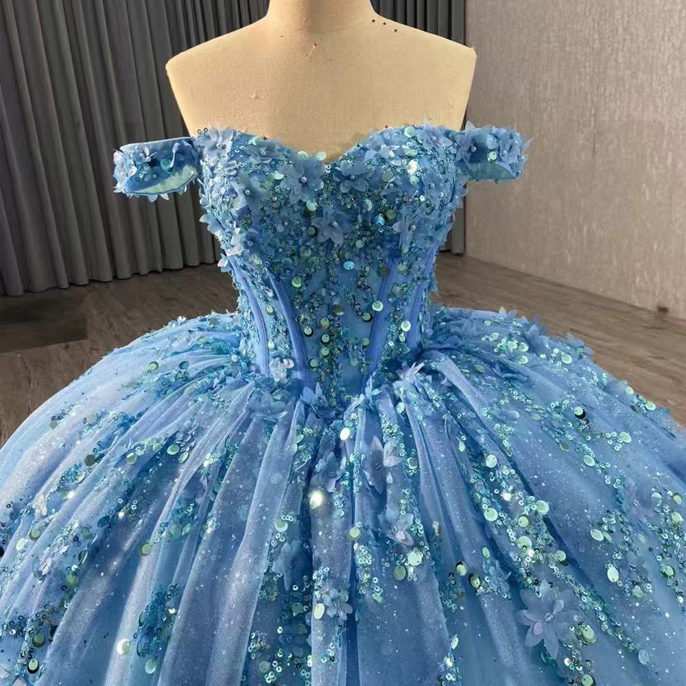 TW126 Vestidos De 15 Off Shoulder Sweetheart Appliques Flower Lace Up Back Blue Luxury Long Dress For Special Occasions