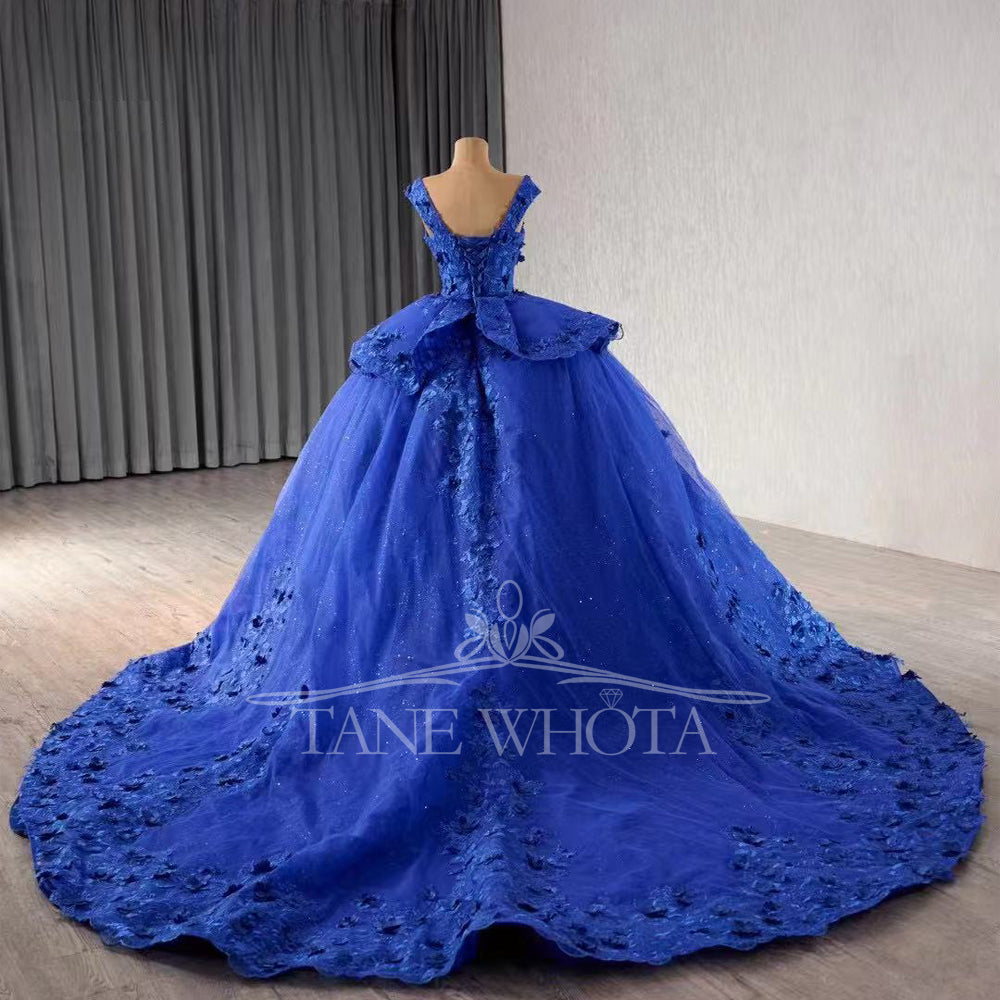 TW292 Vestido Quinceañera Princesa Sweetheart Cap Sleeve Lace Up Back Appliques Embroidery Customized Blue Luxury Long Dress