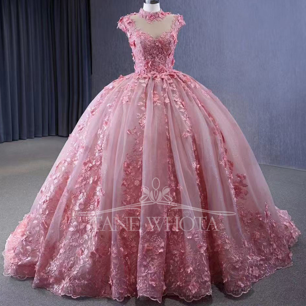 TW288 Vestidos De Quinceañeras 2025 High Cap Sleeve Lace Up Back Crystal Appliques Embroidery Customized Pink Long Dress Luxury