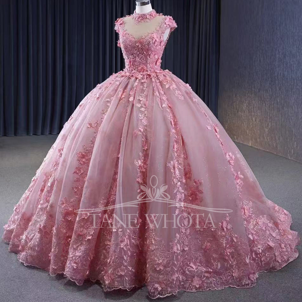 TW288 Vestidos De Quinceañeras 2025 High Cap Sleeve Lace Up Back Crystal Appliques Embroidery Customized Pink Long Dress Luxury