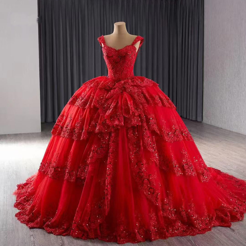 TW124 Vestidos Quinceañeras Estilo Princesa Off Shoulder Sweetheart Lace Beading Lace Up Back Red Long Dress For Special Occasions