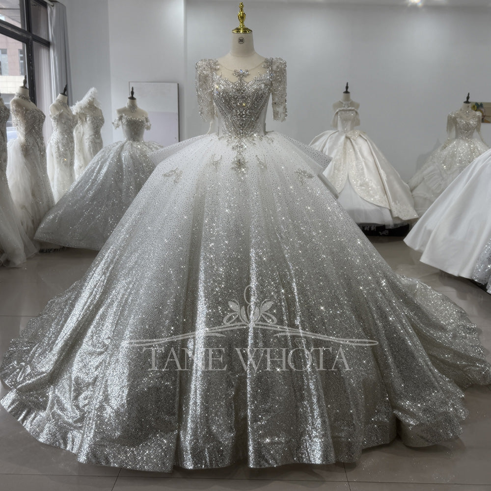 TW333 Bridal Wedding Dress O-Neck Half Sleeve Lace Up Back Ball Gown Weeding Dress Sequined Beading Crystal Luxury Bridal Dress