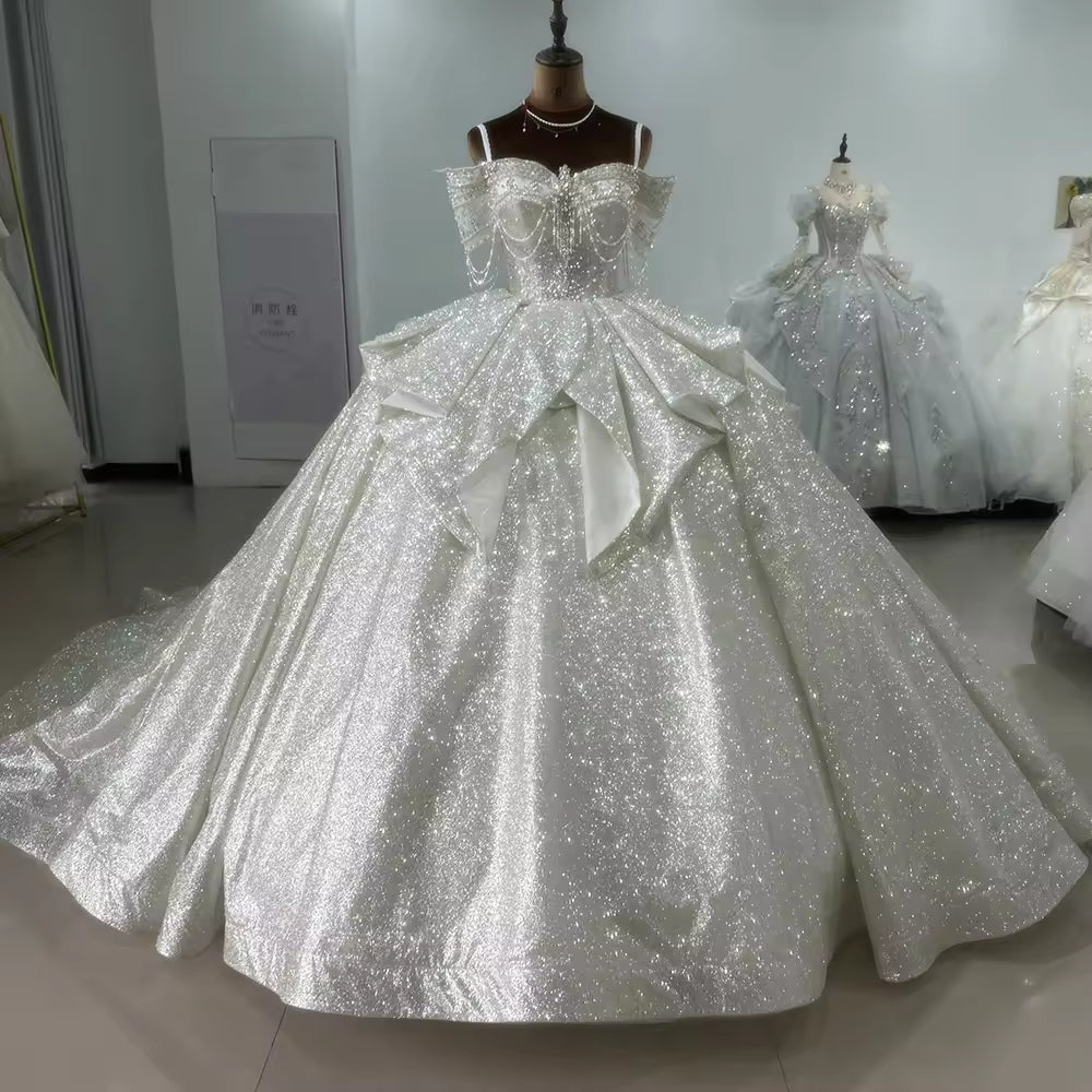 TW164 Shiny Silver Vestidos Para Boda Civil Off the Shoulder Lace Up Back Customized Wedding Dress Beading Glitter Wedding Dresses