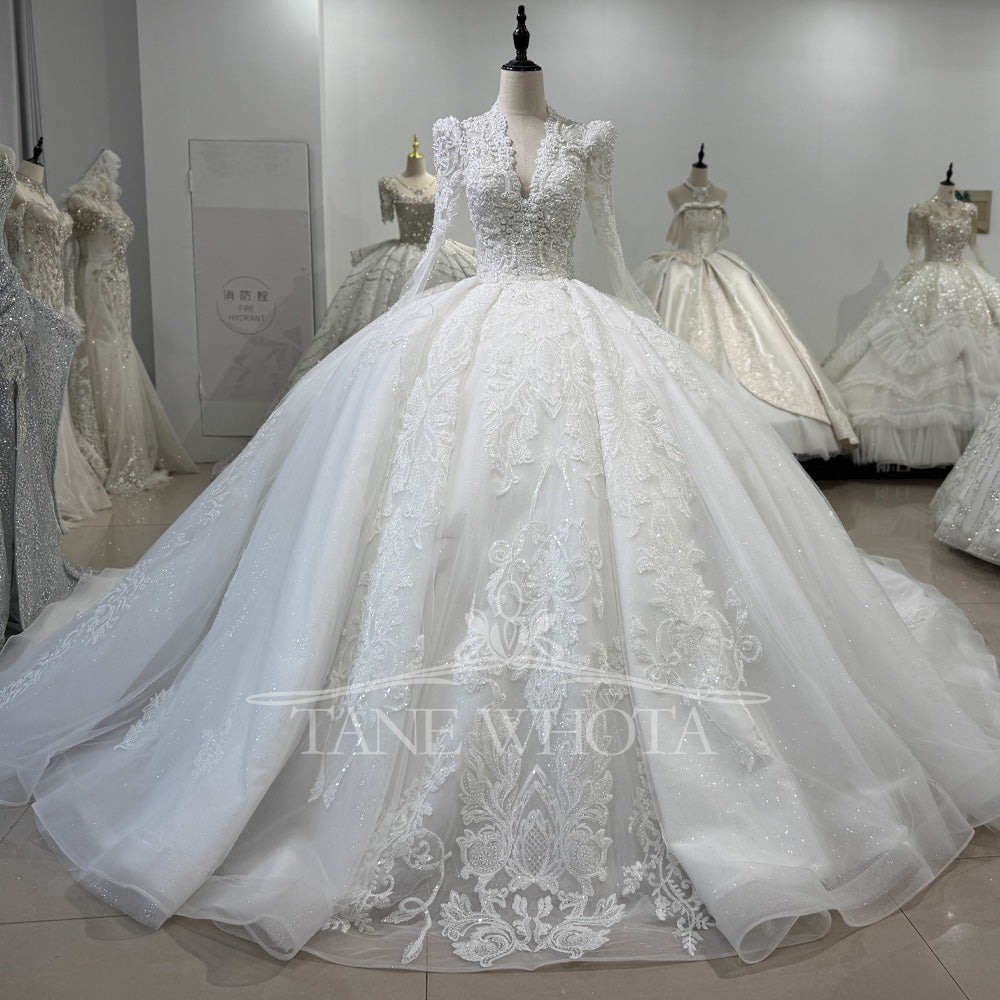 TW532 Scalloped Long Sleeve Beaded Bridal Wedding Dress Lace-Up Back Customized Ball Gown For Women Vestido De Noiva