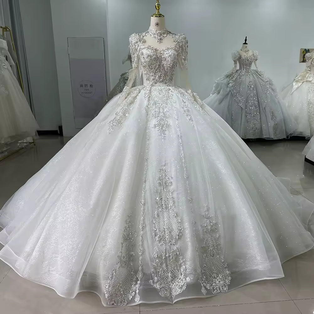 TW167 White Wedding Dress Long Sleeve Sweetheart Wedding Dress Button Back Ball Gown Sequined Beading Embroidery Bridal Dress