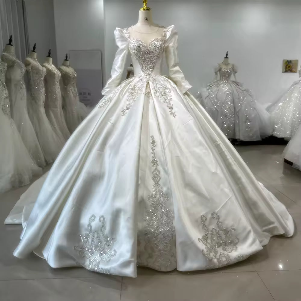 TW152 Robe Mariée Femme O-Neck Long Sleeve Lace Up Back Wedding Dress Embroidery Sequined Ball Gown Customized Bridal Dress