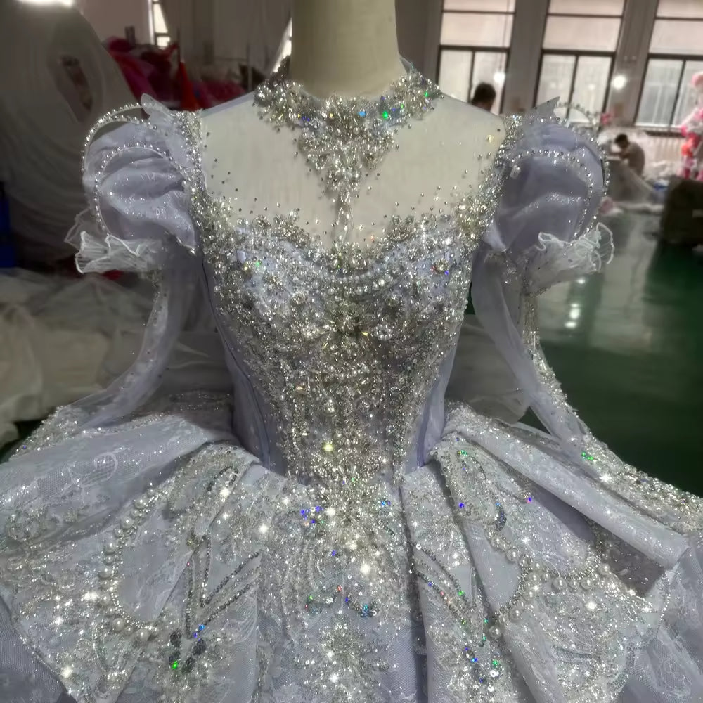 TW153 Luxury Purple Evening Dress Long Sleeve High Neck Lace Up Back Bow Beading Ball Gown Rhinestones Formal Dress