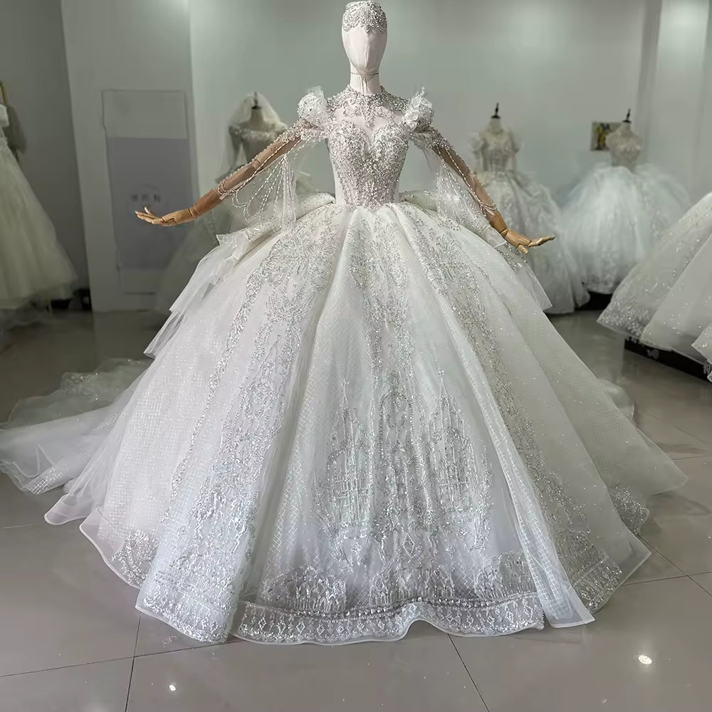 TW140 Vestido Novia Civil High Flare Sleeve Wedding Dress Lace Up Keyhole Back Beading Crystal Ball Gown Bridal Dress