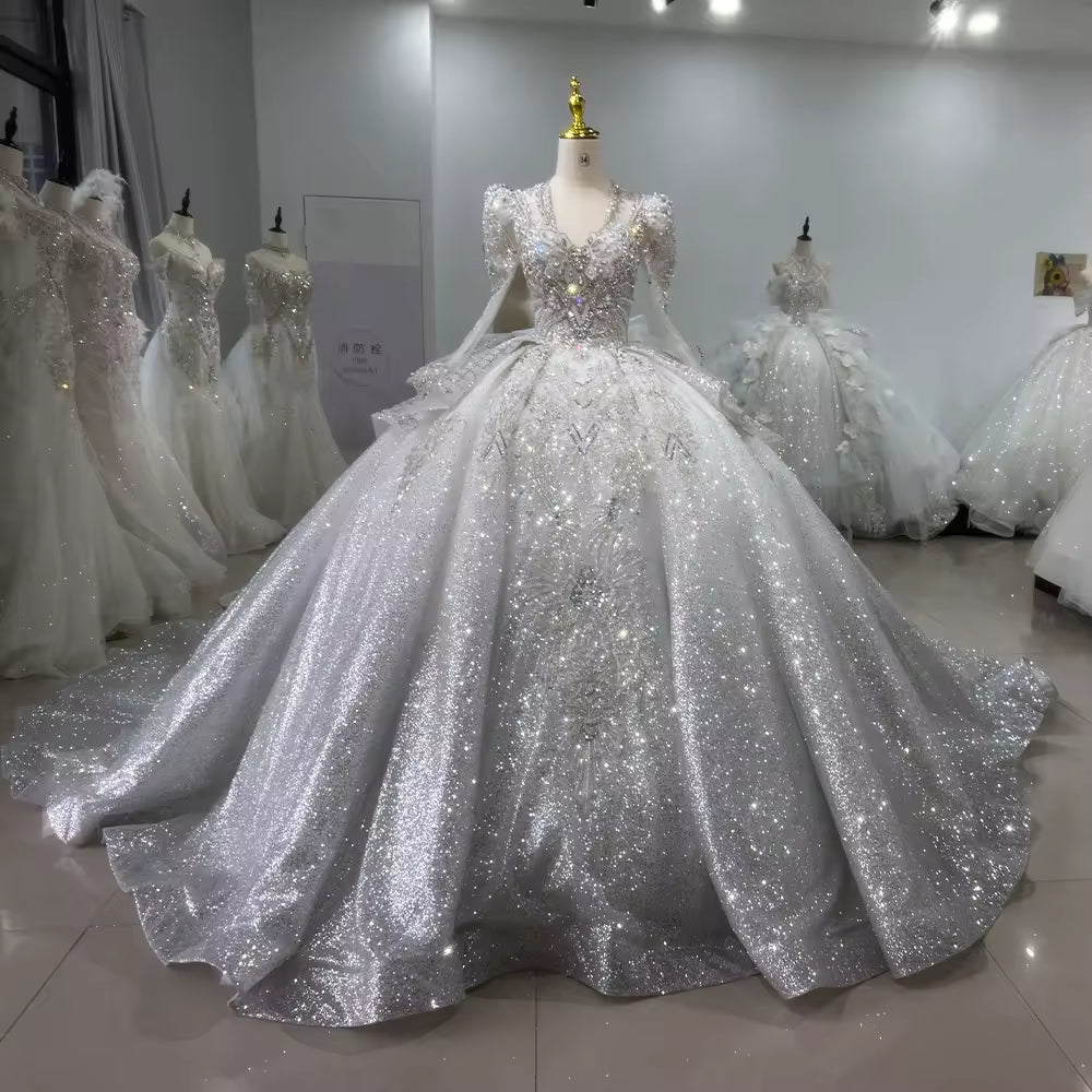 TW146 Vestido De Noiva 2025 Long Sleeve V-Neck Wedding Dress Lace Up Back Star Beading Crystal Embroidery Ball Gown Bridal Dress