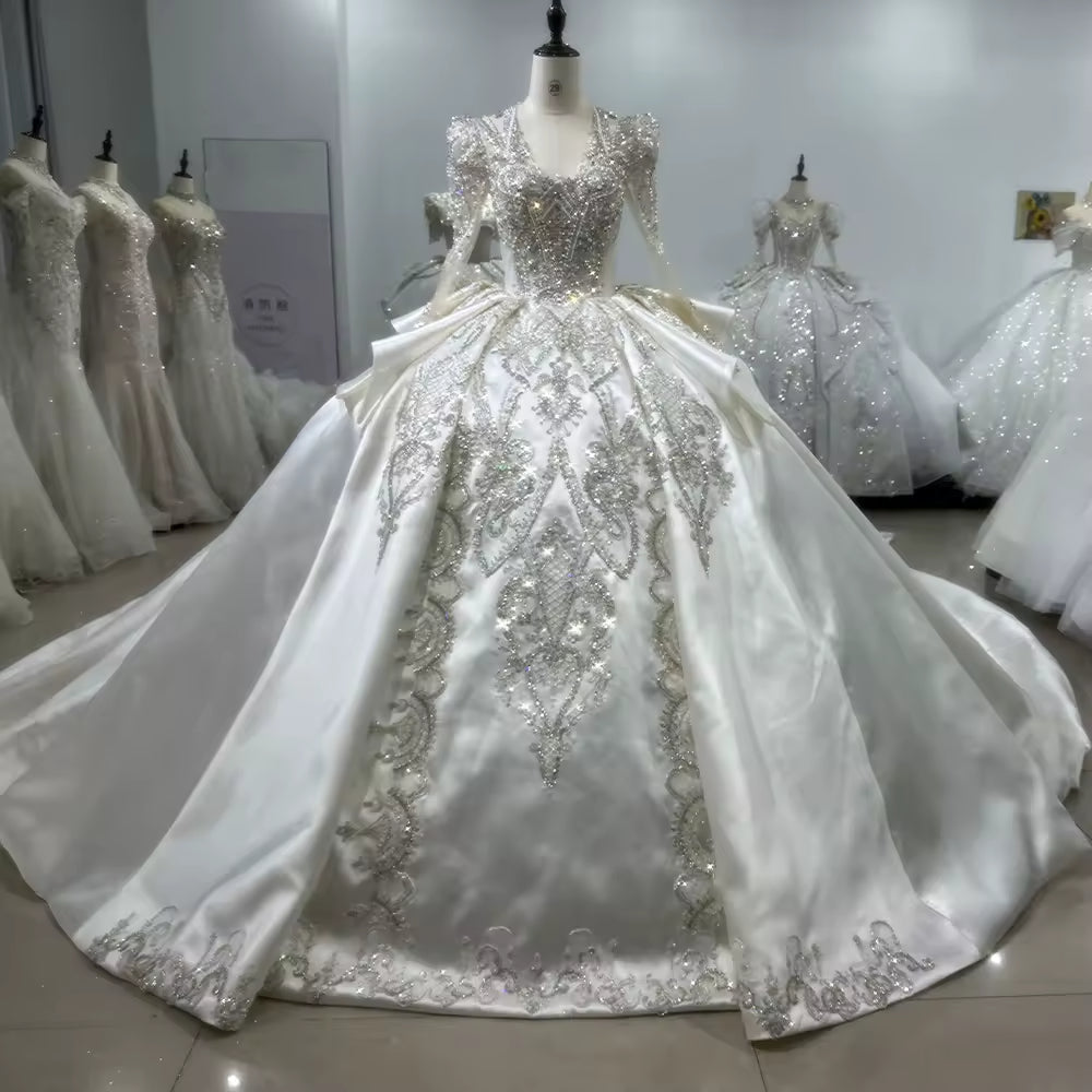 TW151 Ball Gown Dress Long Sleeve Halter Lace Up Keyhole Back Sequined Beading Customized Wedding Dress