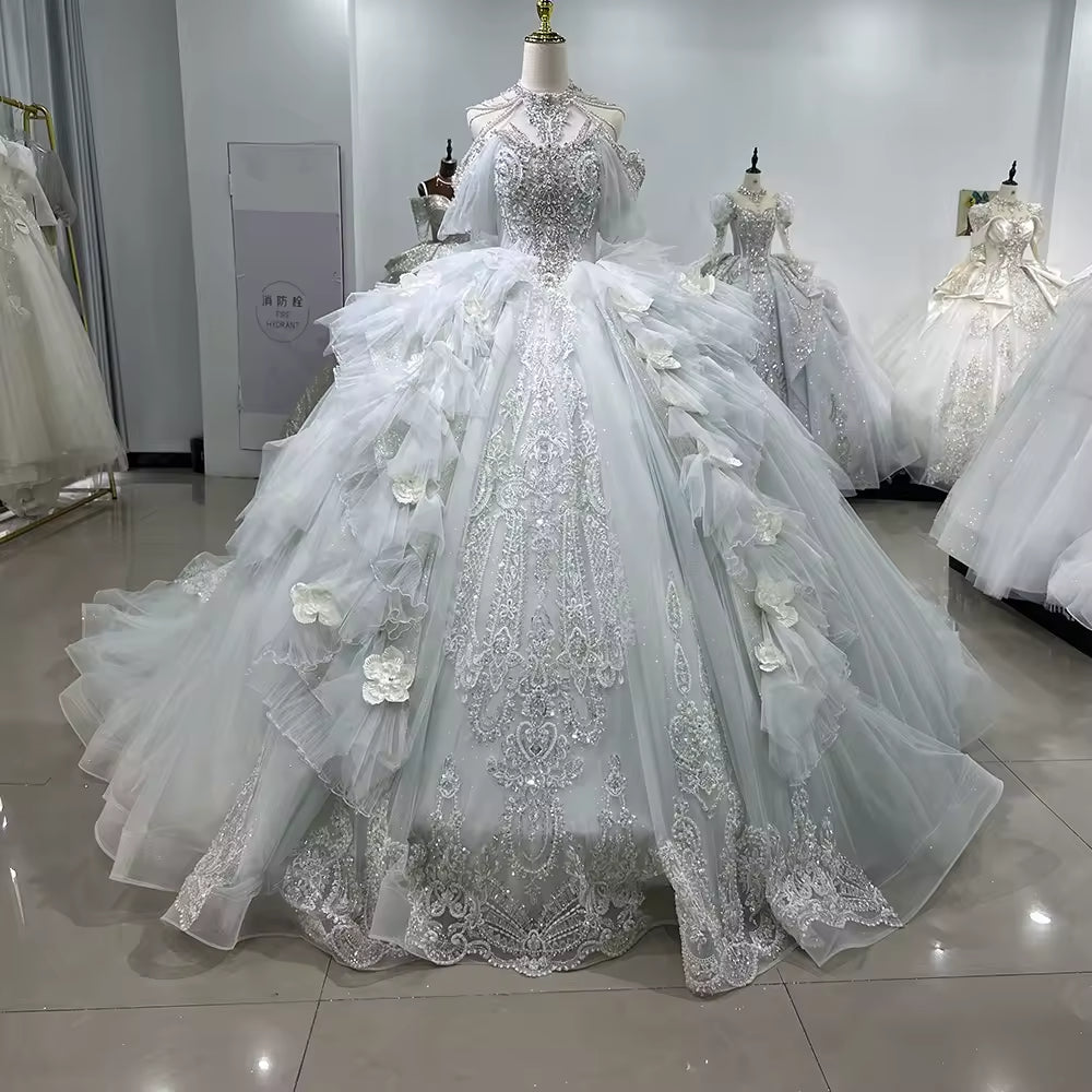 TW170 Brautkleider High Off Shoulder Lace Up Back Wedding Dress Embroidery Beading Sequined Crystal Ball Gown Customized Bridal Dress
