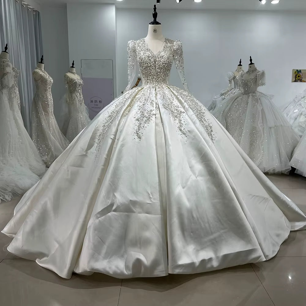 TW142 Lace Wedding Dress Long Sleeve V-Neck Lace Up Keyhole Back Ball Gown Sequined Beading Embroidery Luxury Bridal Dress