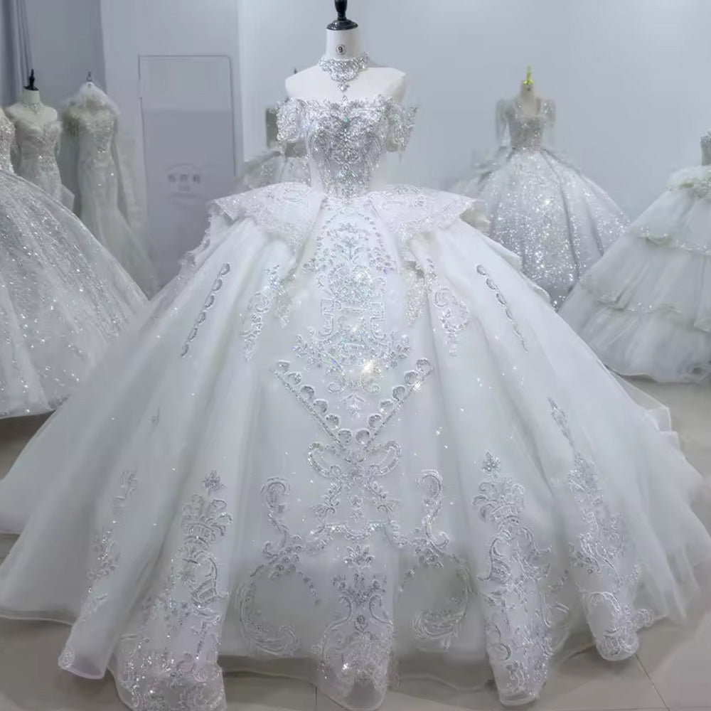 TW110 Off White Wedding Dress Off The Shoulder Lace Up Back Sequined Beading Embroidery Ball Gown Bridal Dress
