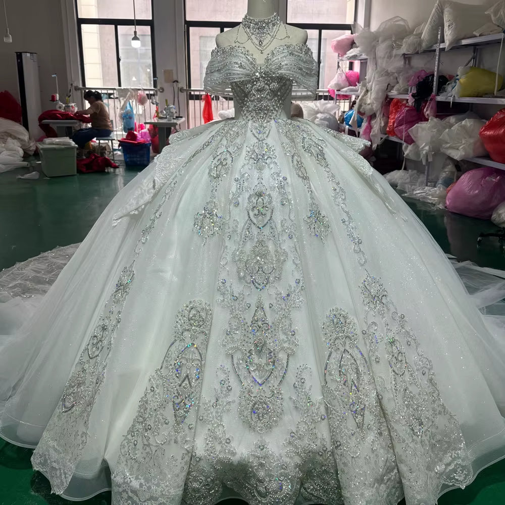 TW210 Vestidos Boda Civil Sweetheart Off Shoulder Wedding Dress Lace Up Back Beading Ball Gown Lace Bridal Dress