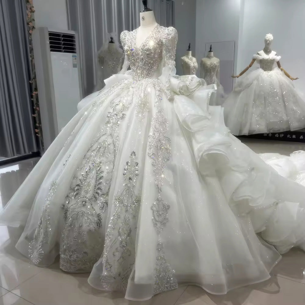 TW105 Robes De Mariée Sur Mesure Long Sleeve V-Neck Wedding Dress Lace Up Back Ball Gown Sequined Beading Bridal Dress