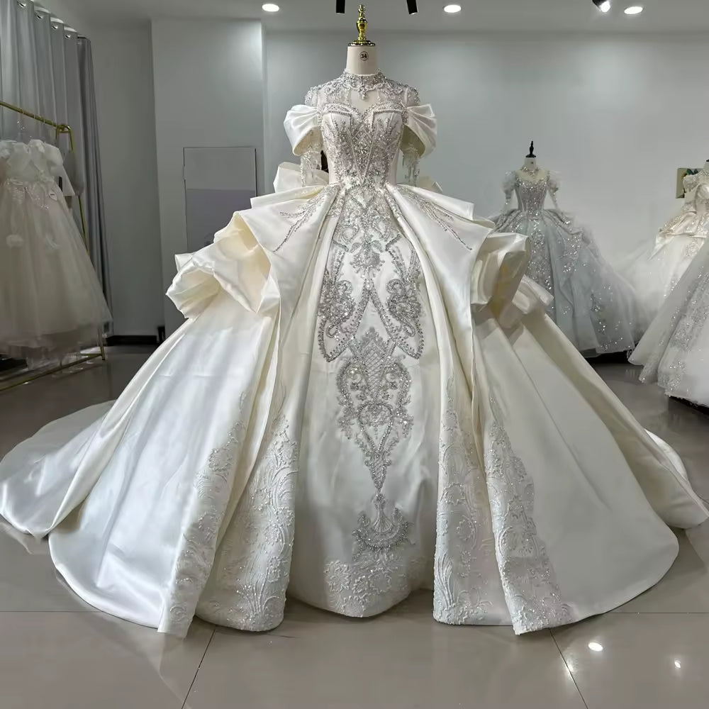 TW171 Robe De Mariée Civil Three Quarter Sleeve High Lace Up Back Bow Wedding Dress Beading Sequined Crystal Ball Gown Bridal Dress