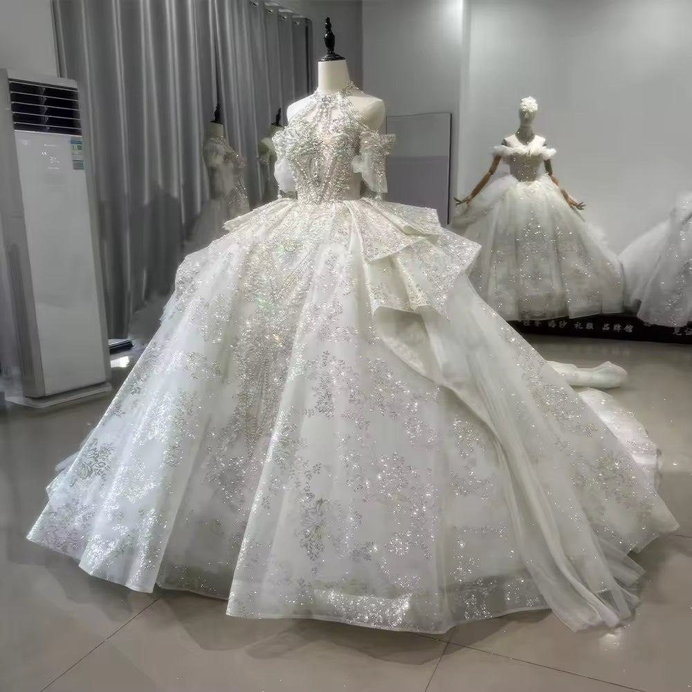 TW154 Suknia Slubna 2025 Halter Wedding Dress Lace Up Keyhole Back Beading Crystal Embroidery Luxury Ball Gown Customized Bridal Dress