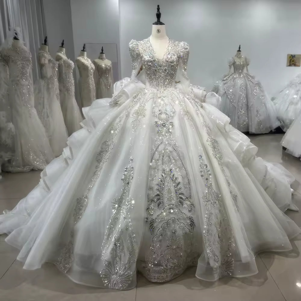 TW105 Robes De Mariée Sur Mesure Long Sleeve V-Neck Wedding Dress Lace Up Back Ball Gown Sequined Beading Bridal Dress