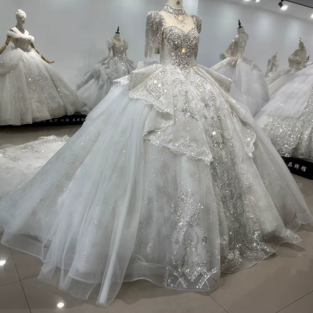 TW188 Robe Mariee Wedding Dress Lace Up Keyhole Back Beading Crystal Short Tassel Sleeves Ball Gown Bridal Dress