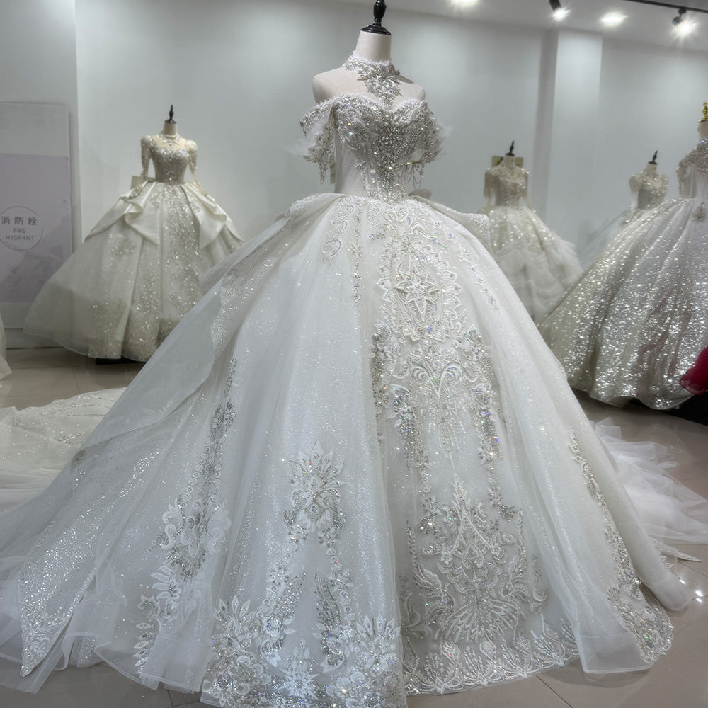 TW010 Vestidos De Novias Off The Shoulder Ball Gown Lace Beading Shiny Luxury Wedding Dresses 2025