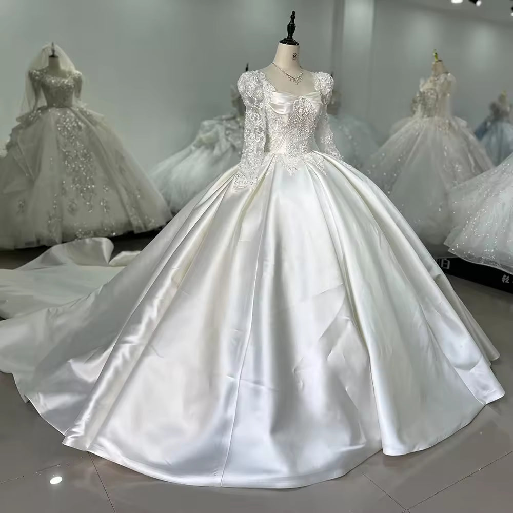 TW138 Square Collar Long Sleeve Lace Up Keyhole Back Wedding Dress Appliques Beading Satin Luxury Bridal