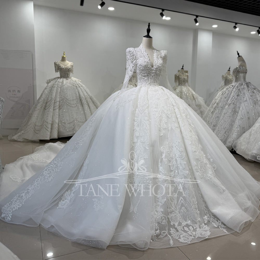 TW532 Scalloped Long Sleeve Beaded Bridal Wedding Dress Lace-Up Back Customized Ball Gown For Women Vestido De Noiva