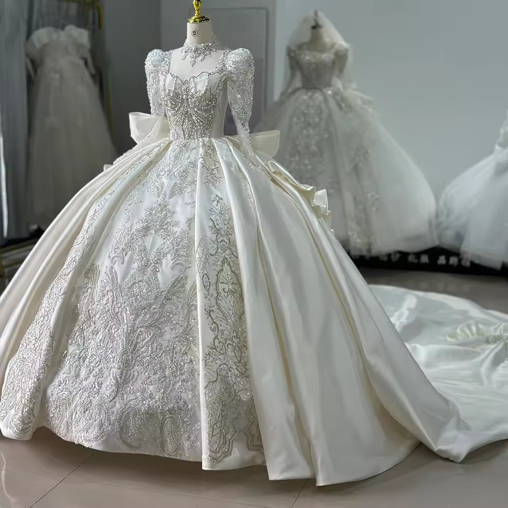 TW177 Vestido Casamento Noiva Civil Ball Gown Square Collar Long Sleeve Lace Up Back Beading Crystal Bow Customized Wedding Dress