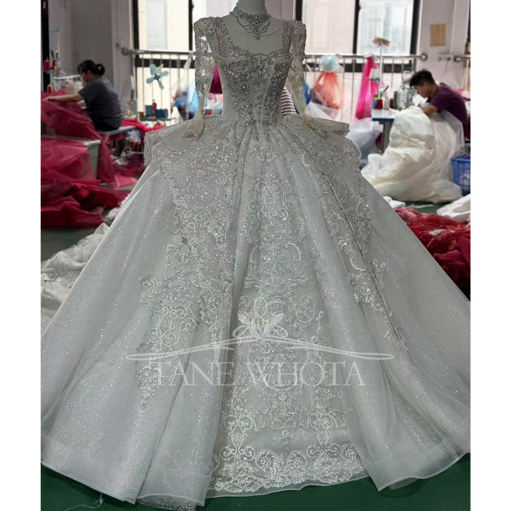 TW418 Vestido De Noiva Long Sleeve Ball Gown Lace up Trend Luxury Crystal Lace Wedding Dress for Brides