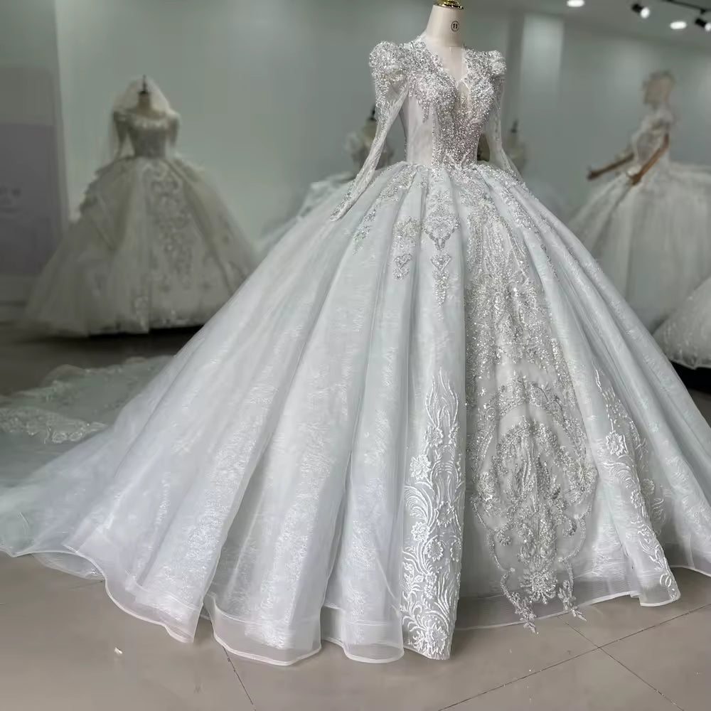 TW176 Vestido Para Boda Civil Ball Gown Wedding Dress V-Neck Long Sleeve Lace Up Back Beading Sequined Elegant Wedding Dress