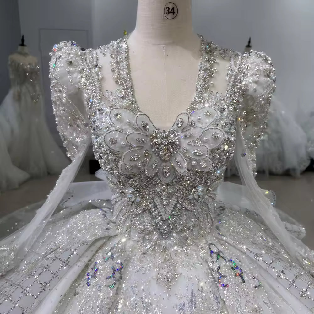 TW146 Vestido De Noiva 2025 Long Sleeve V-Neck Wedding Dress Lace Up Back Star Beading Crystal Embroidery Ball Gown Bridal Dress