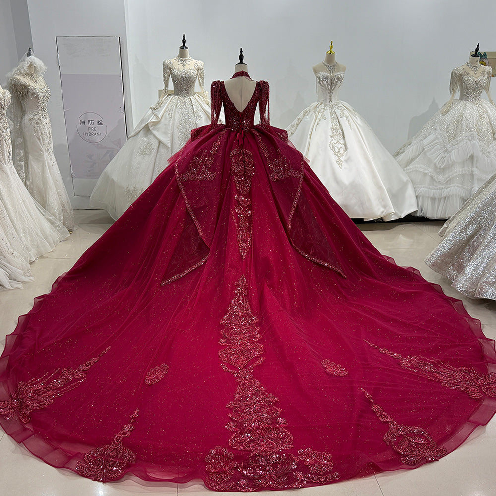 TW014 Lace Long Sleeve Square Callar Evening Dress Crystal Beaded Lace Up Back Red Long Dresses For Special Occasions