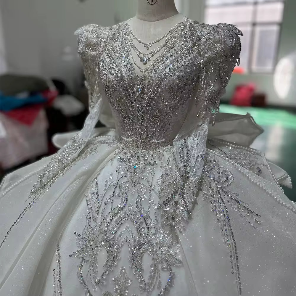 TW182 Robe Mariée Civile V-Neck Long Sleeve Lace Up Back Bow Customized Embroidery Beading Crystal Sequined Wedding Dress
