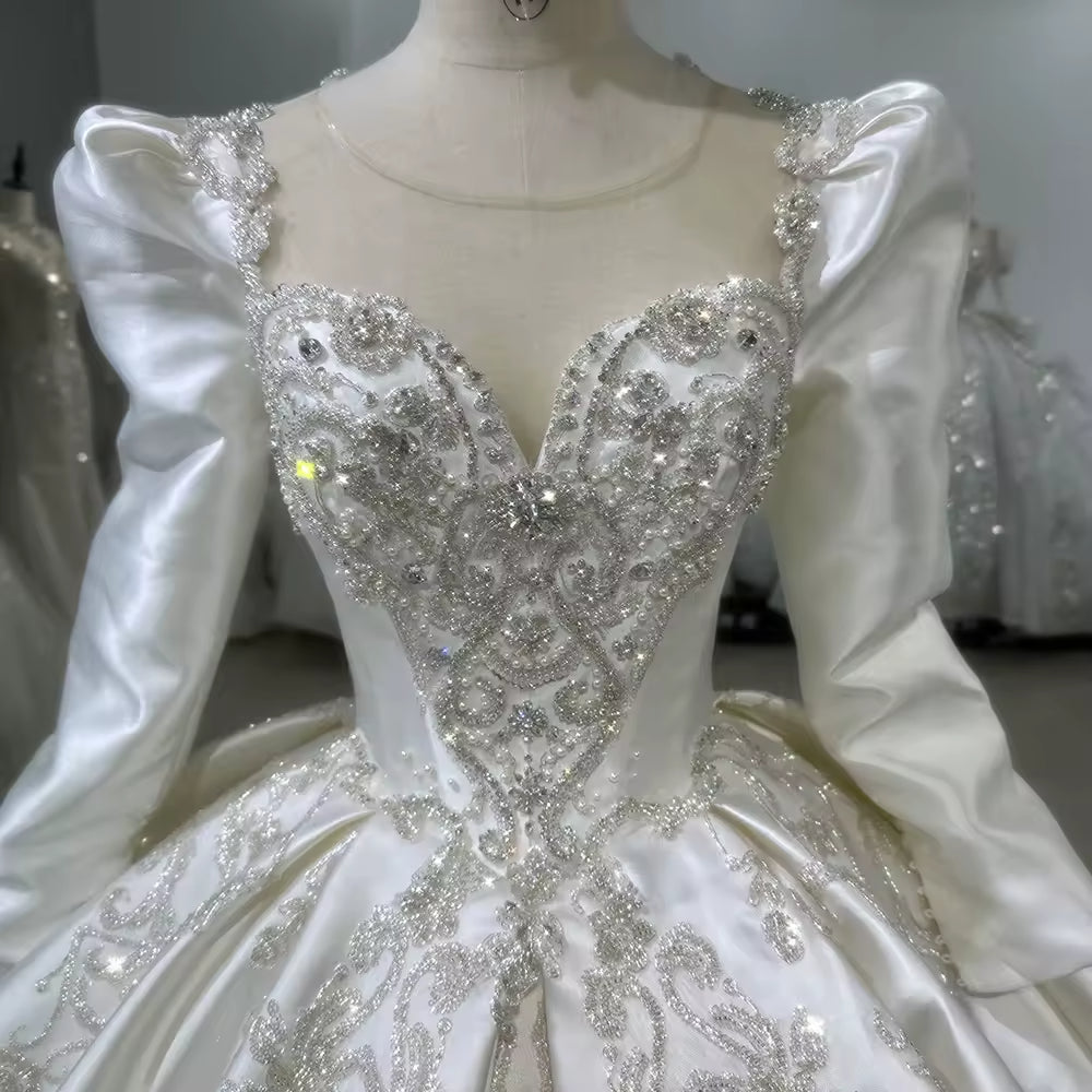 TW152 Robe Mariée Femme O-Neck Long Sleeve Lace Up Back Wedding Dress Embroidery Sequined Ball Gown Customized Bridal Dress