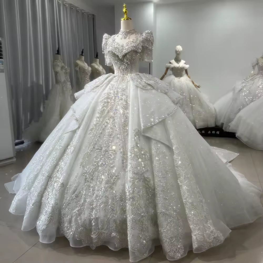 TW157 Vestido De Noiva Casamento Civil Scalloped Half Sleeve Wedding Dress Lace Up Back Beading Embroidery Ball Gown Bridal Dress