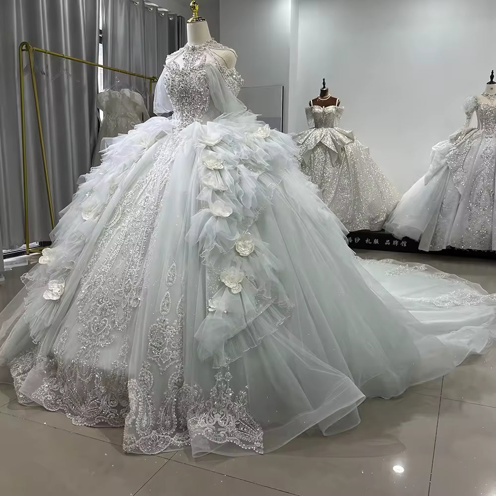 TW170 Brautkleider High Off Shoulder Lace Up Back Wedding Dress Embroidery Beading Sequined Crystal Ball Gown Customized Bridal Dress