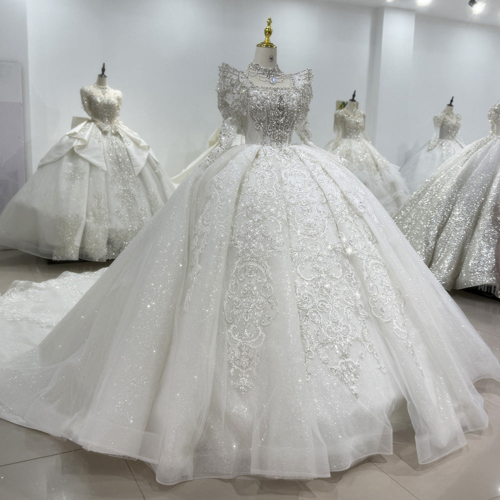 TW030 Corset Bridal Dress With Necklace Square Collar Lace Up Back Long Sleeve Beading Ball Gown Wedding Dress