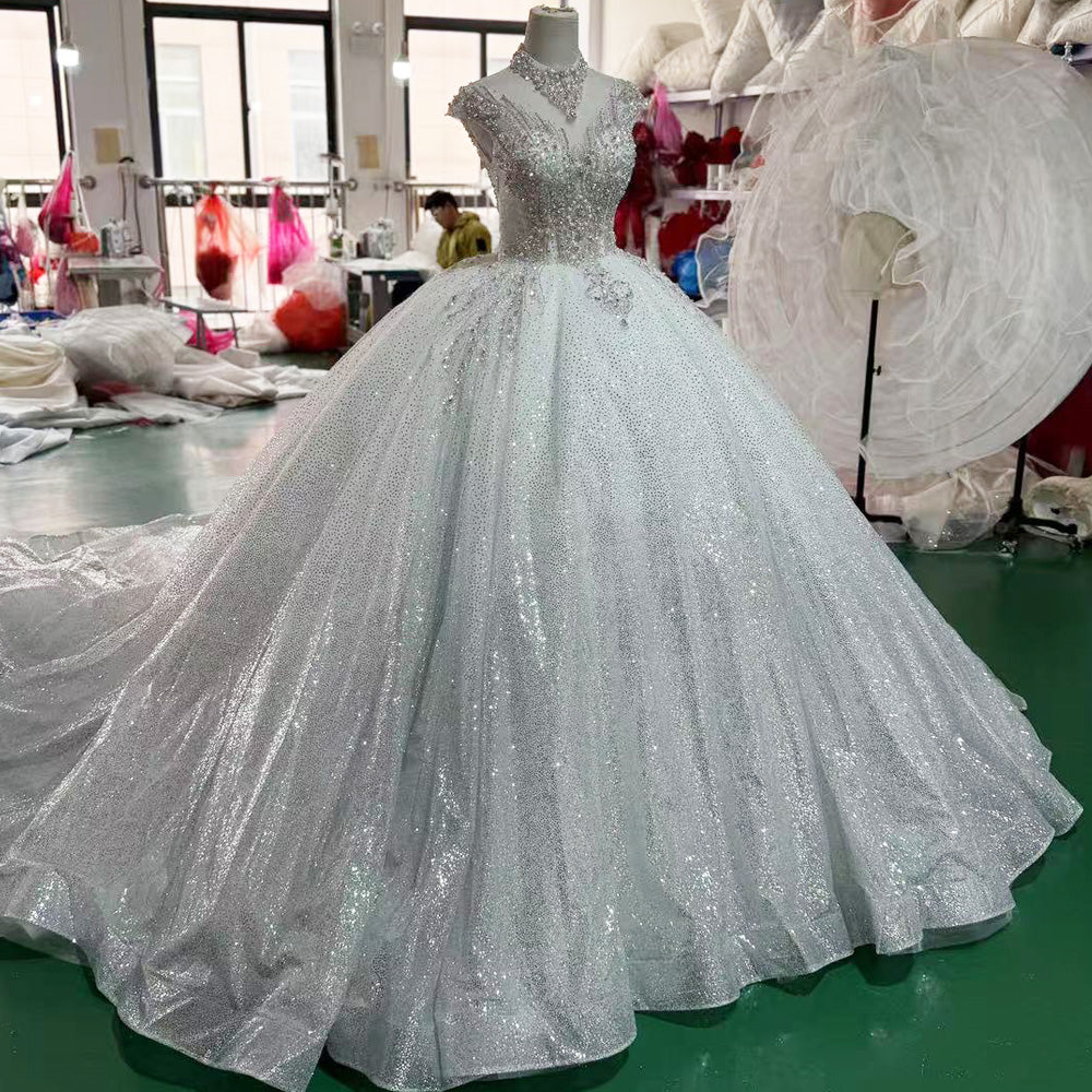TW019 Robe De Mariee Wedding Ball Gown Dress Cap Sleeve O-Neck Lace Up Back Customized Wedding Dress