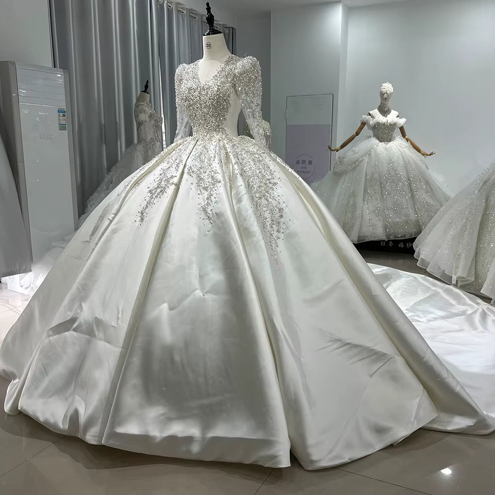 TW142 Lace Wedding Dress Long Sleeve V-Neck Lace Up Keyhole Back Ball Gown Sequined Beading Embroidery Luxury Bridal Dress