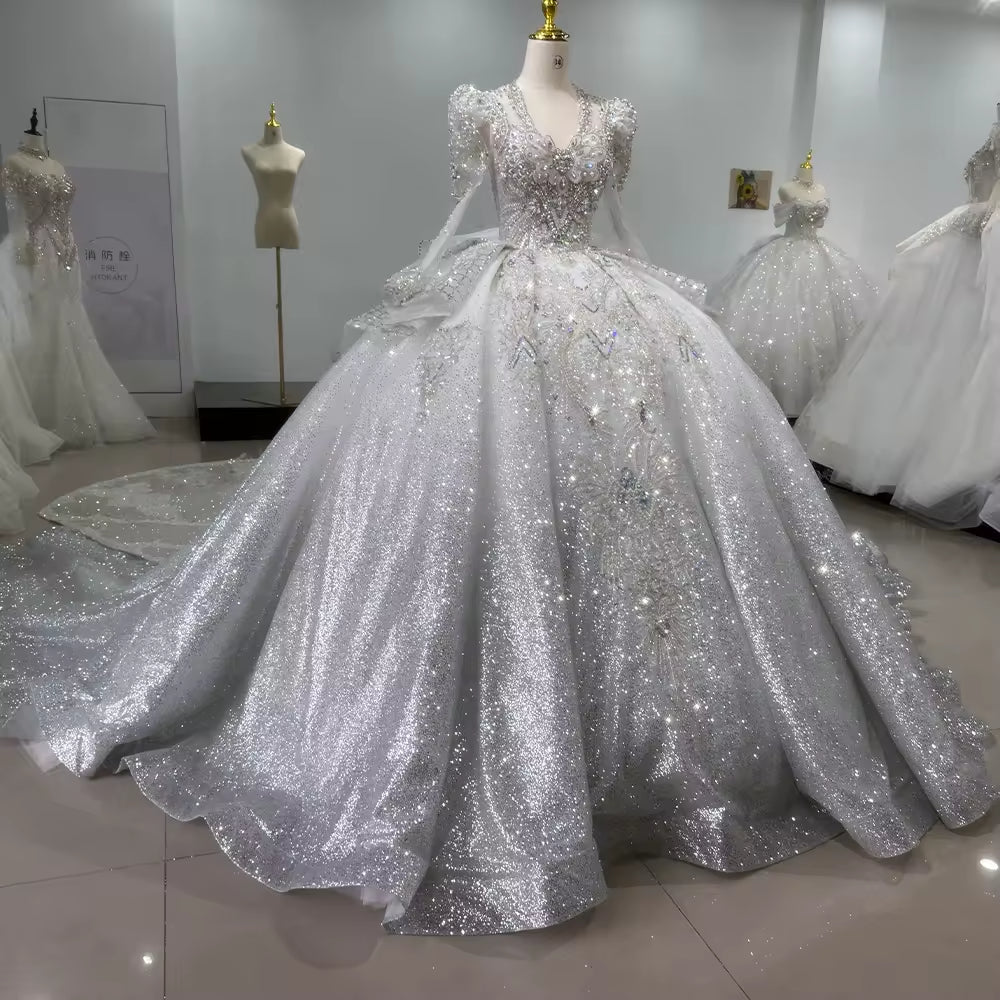 TW146 Vestido De Noiva 2025 Long Sleeve V-Neck Wedding Dress Lace Up Back Star Beading Crystal Embroidery Ball Gown Bridal Dress