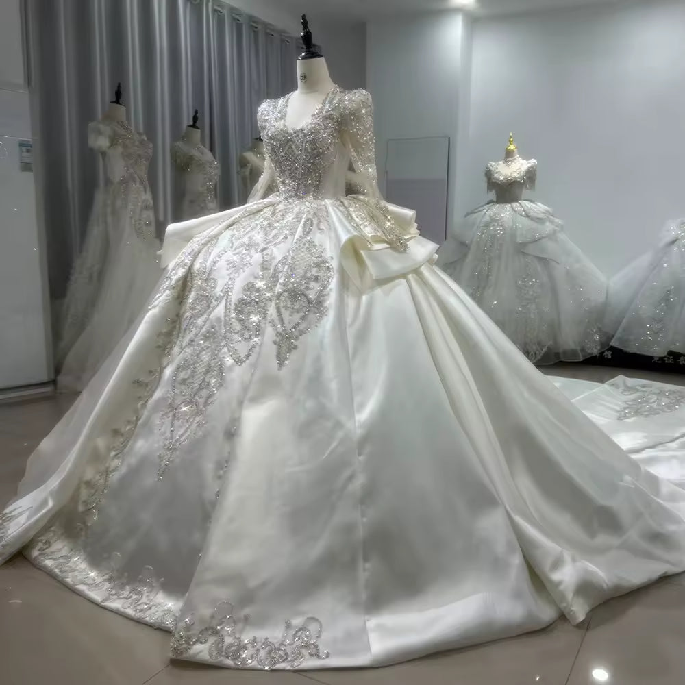 TW151 Ball Gown Dress Long Sleeve Halter Lace Up Keyhole Back Sequined Beading Customized Wedding Dress