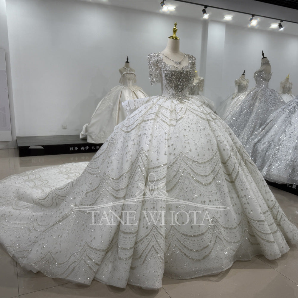 TW401 Luxury Long Wedding Dress O-Neck Half Sleeve Lace up Back Sequined Crystal Classic Bridal Customized Gown for Brides