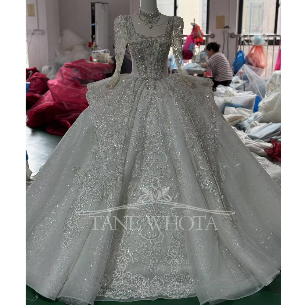 TW418 Vestido De Noiva Long Sleeve Ball Gown Lace up Trend Luxury Crystal Lace Wedding Dress for Brides