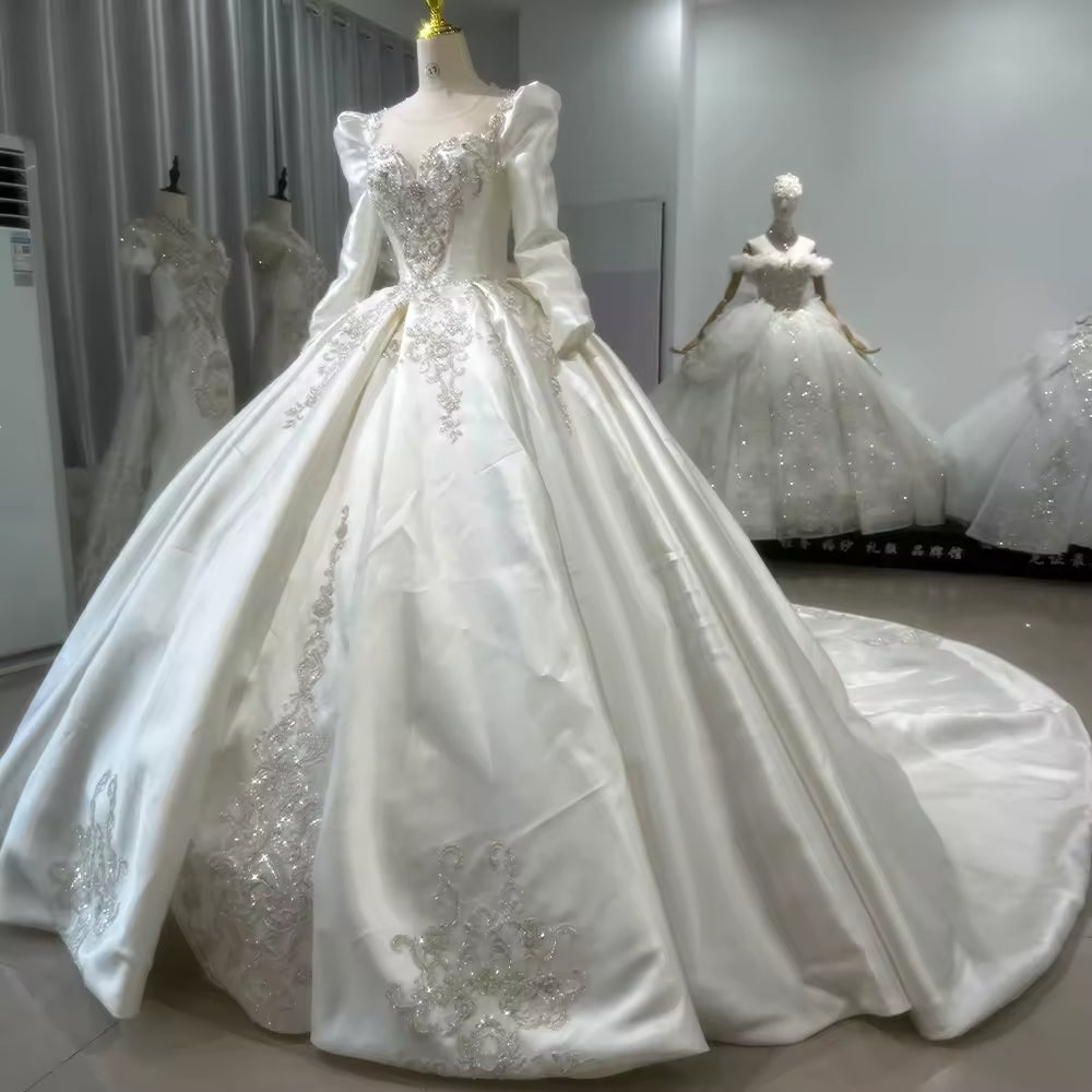 TW152 Robe Mariée Femme O-Neck Long Sleeve Lace Up Back Wedding Dress Embroidery Sequined Ball Gown Customized Bridal Dress